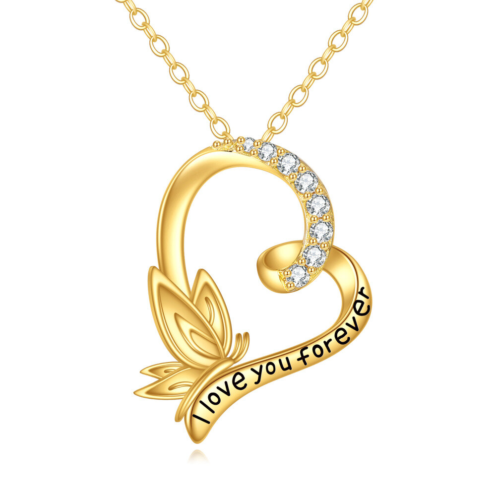 10K Gold Cubic Zirconia Butterfly & Heart Pendant Necklace with Engraved Word-1