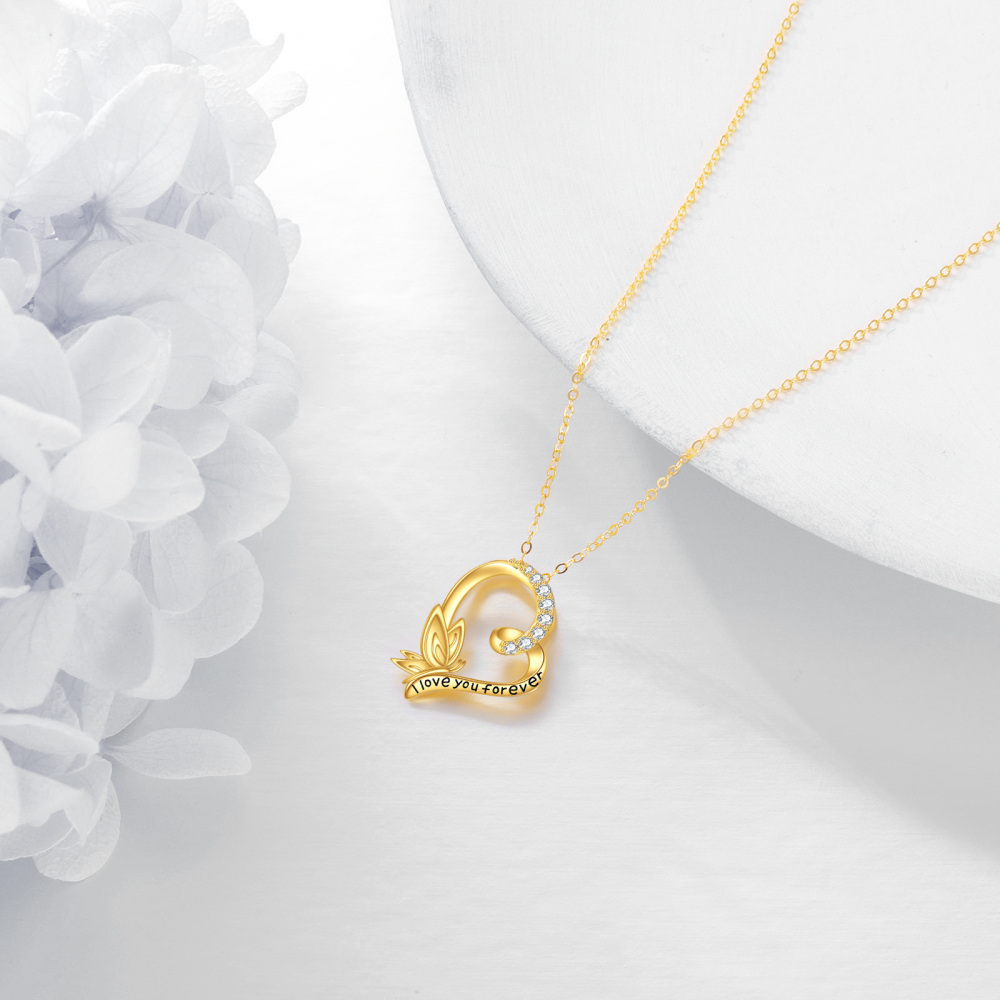 10K Gold Cubic Zirconia Butterfly & Heart Pendant Necklace with Engraved Word-3