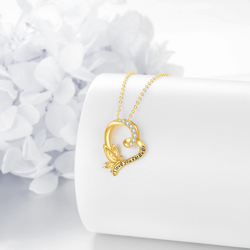 Naszyjnik z wisiorkiem w kształcie motyla i serca z białego złota próby 10K z cyrkonii sześciennej i grawerowanym napisem-4