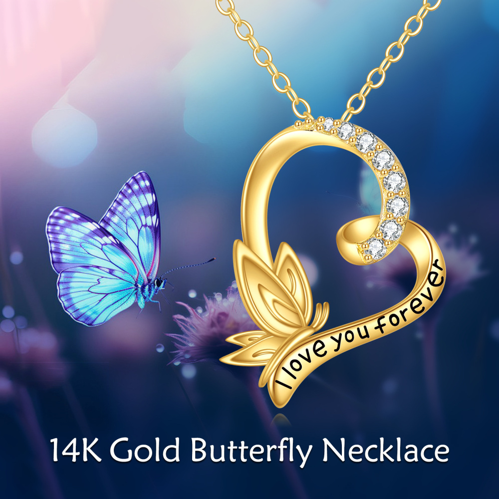 10K Gold Cubic Zirconia Butterfly & Heart Pendant Necklace with Engraved Word-6