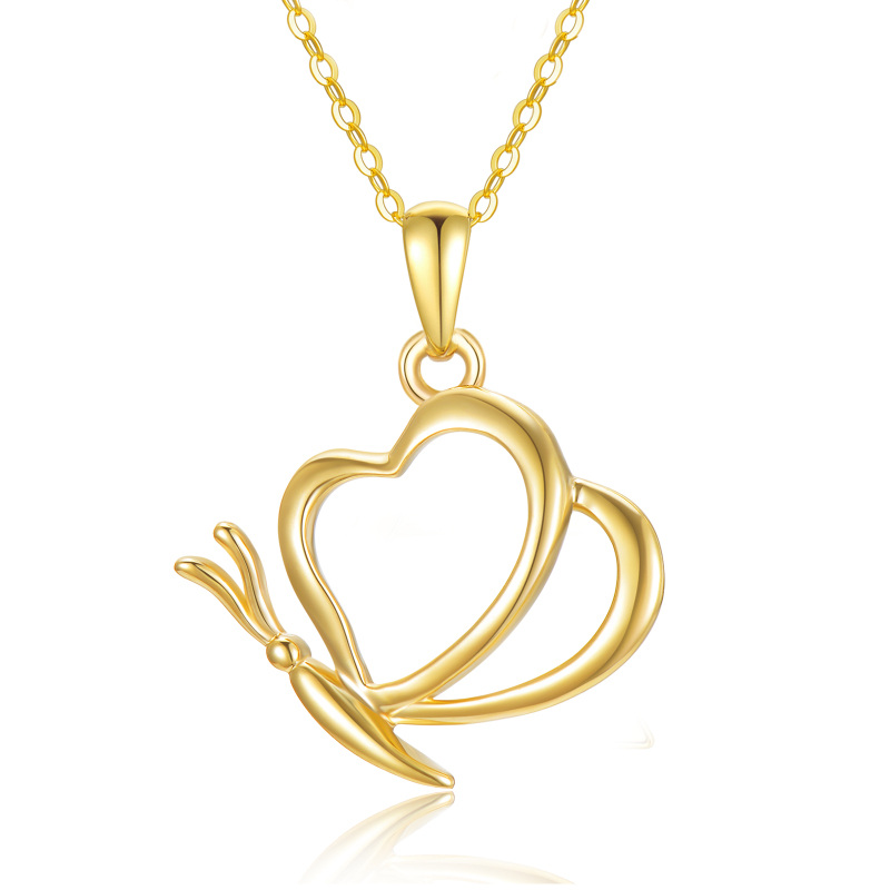 Collana con ciondolo a forma di farfalla e cuore in oro 14K