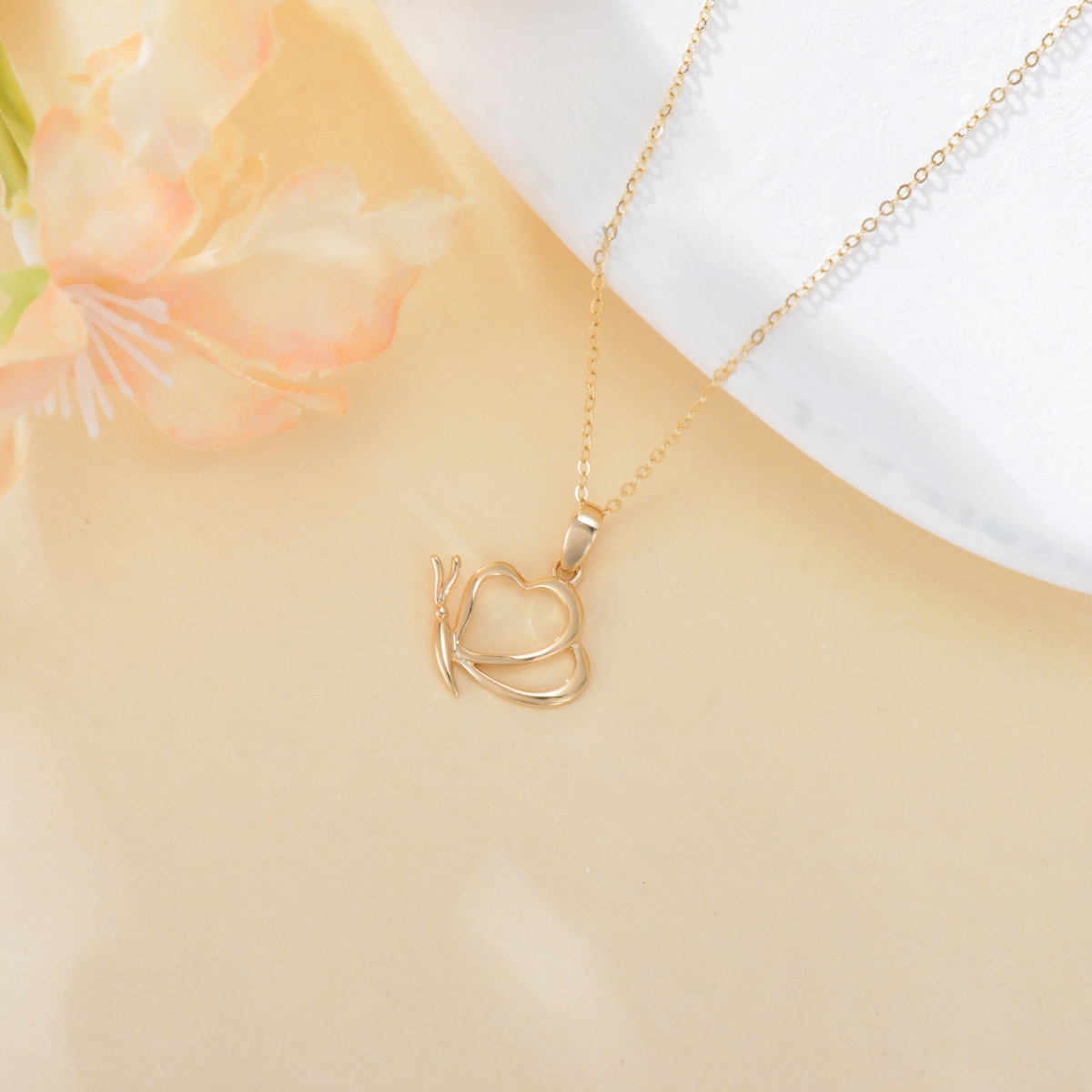 10K Gold Butterfly & Heart Pendant Necklace-4