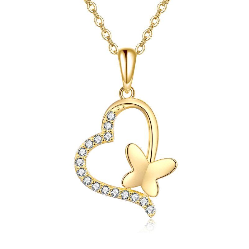 Collier en or 14K avec pendentif papillon et coeur en zircon cubique