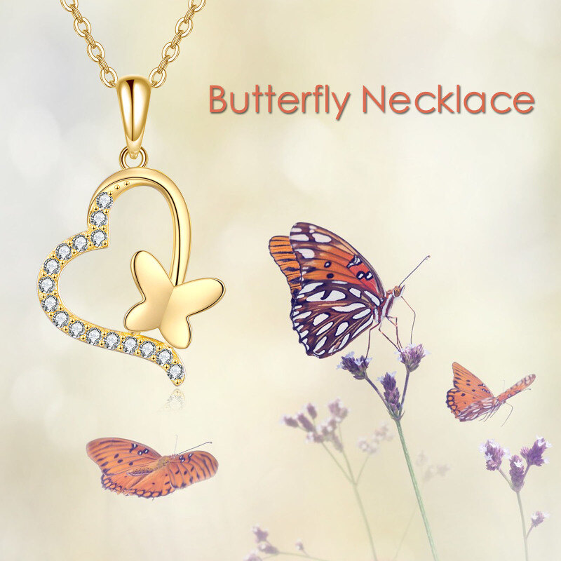 10K Gold Cubic Zirconia Butterfly & Heart Pendant Necklace-5