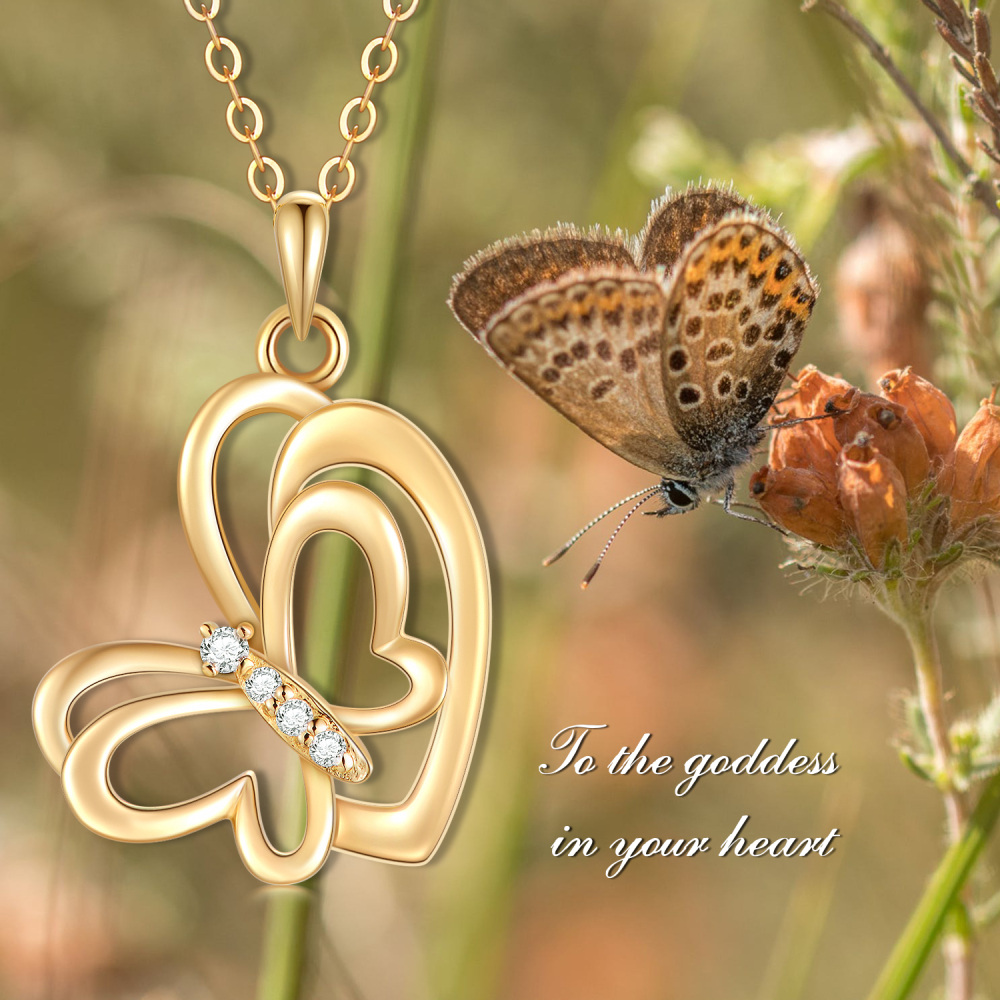 14K Gold Cubic Zirconia Butterfly & Heart Pendant Necklace-3