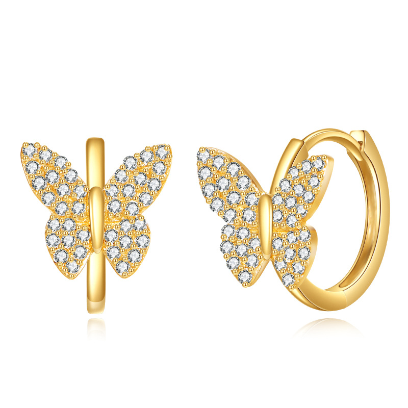 10K Gold Cubic Zirconia Butterfly Hoop Earrings-8