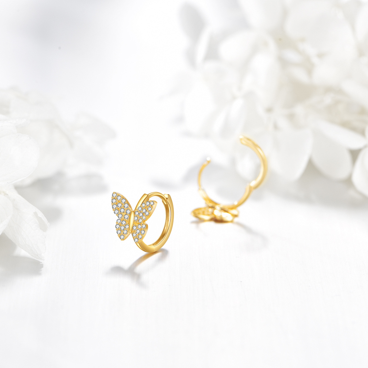 14K Gold Cubic Zirconia Butterfly Hoop Earrings-3