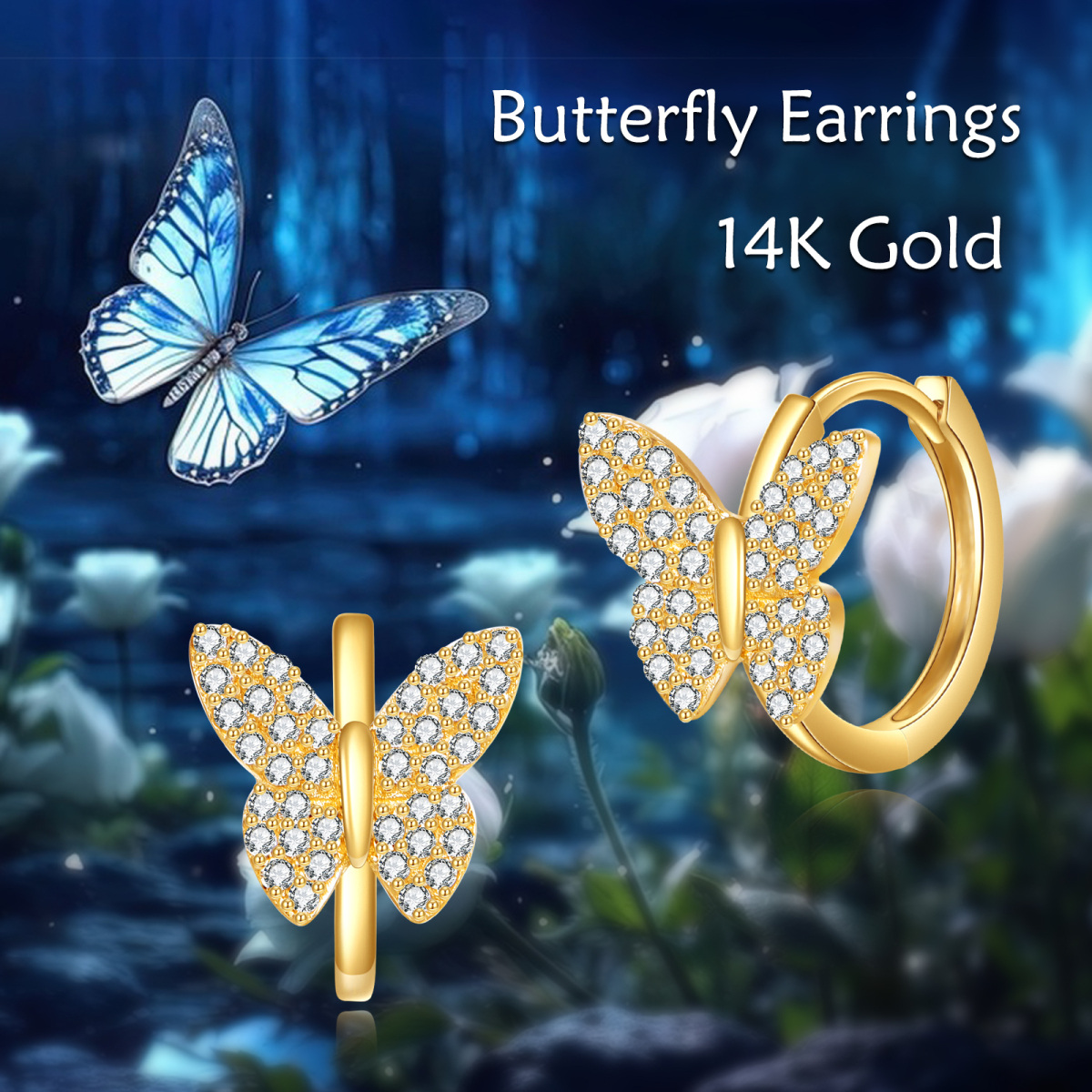 14K Gold Cubic Zirconia Butterfly Hoop Earrings-6