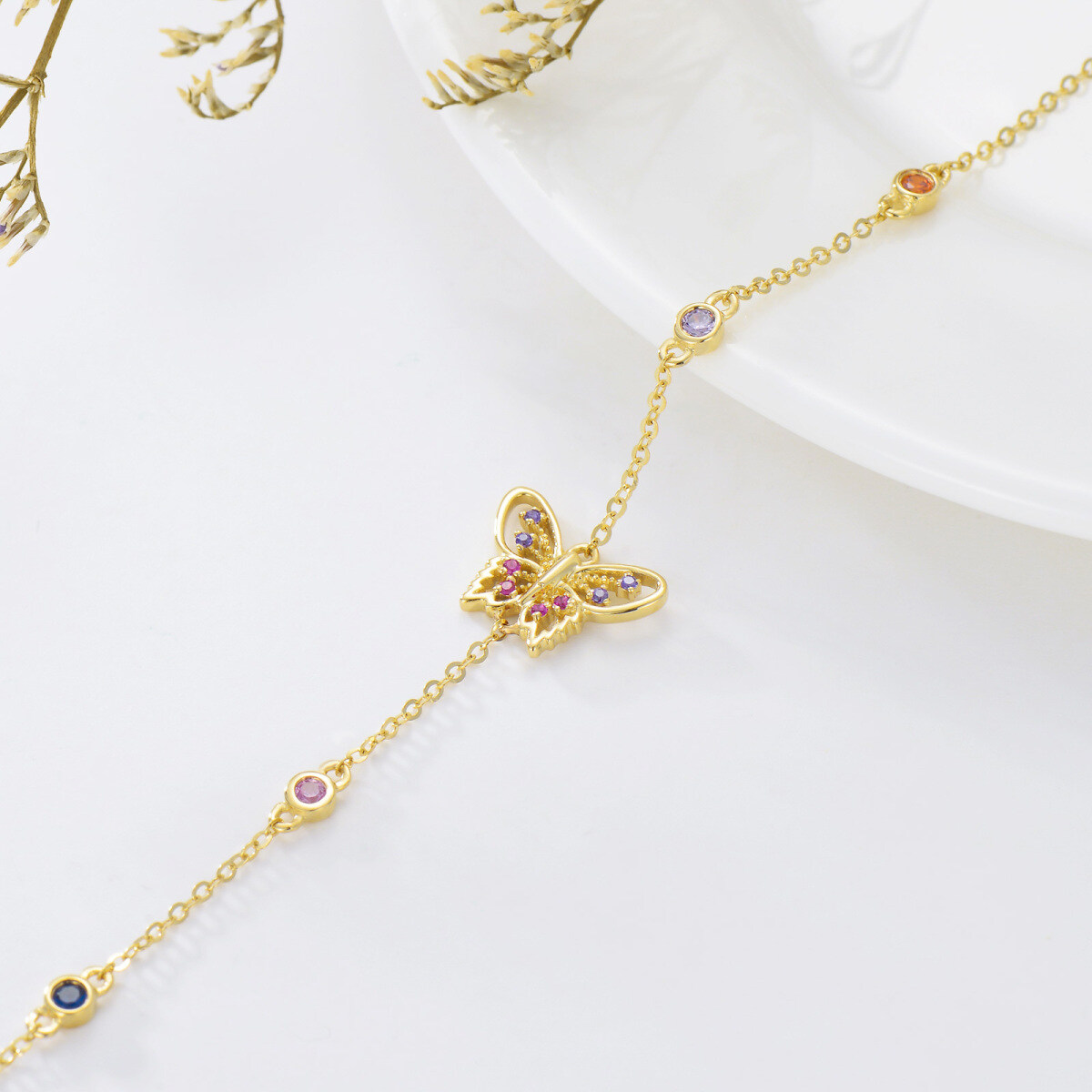 14K Gold Cubic Zirconia Butterfly Pendant Bracelet-4