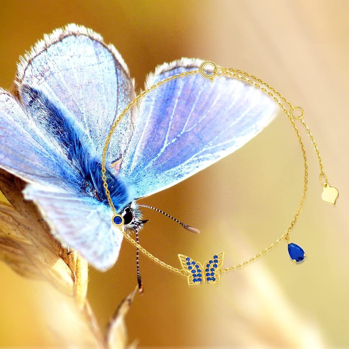 14K Gold Cubic Zirconia Butterfly Pendant Bracelet-3