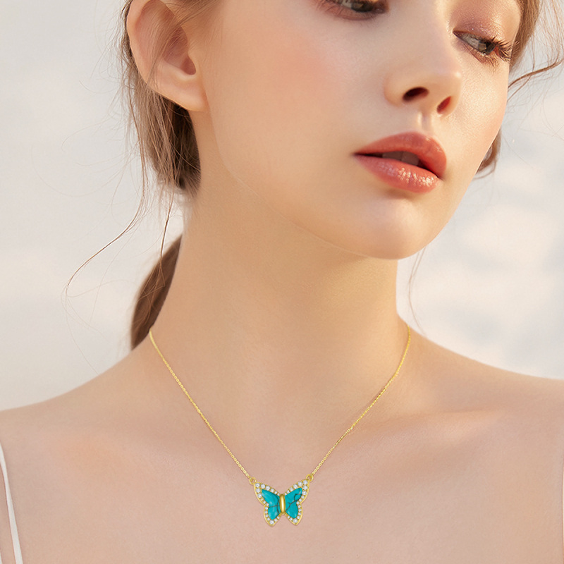 Collar con colgante de mariposa de circonita cúbica bañado en oro amarillo y plata de ley-2