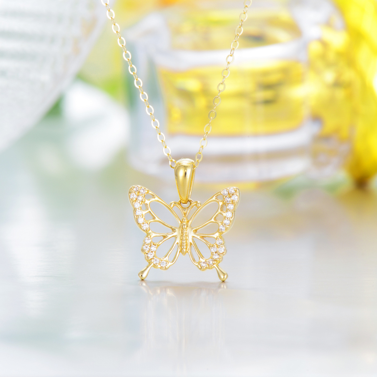 10K Gold Cubic Zirconia Butterfly Pendant Necklace-3