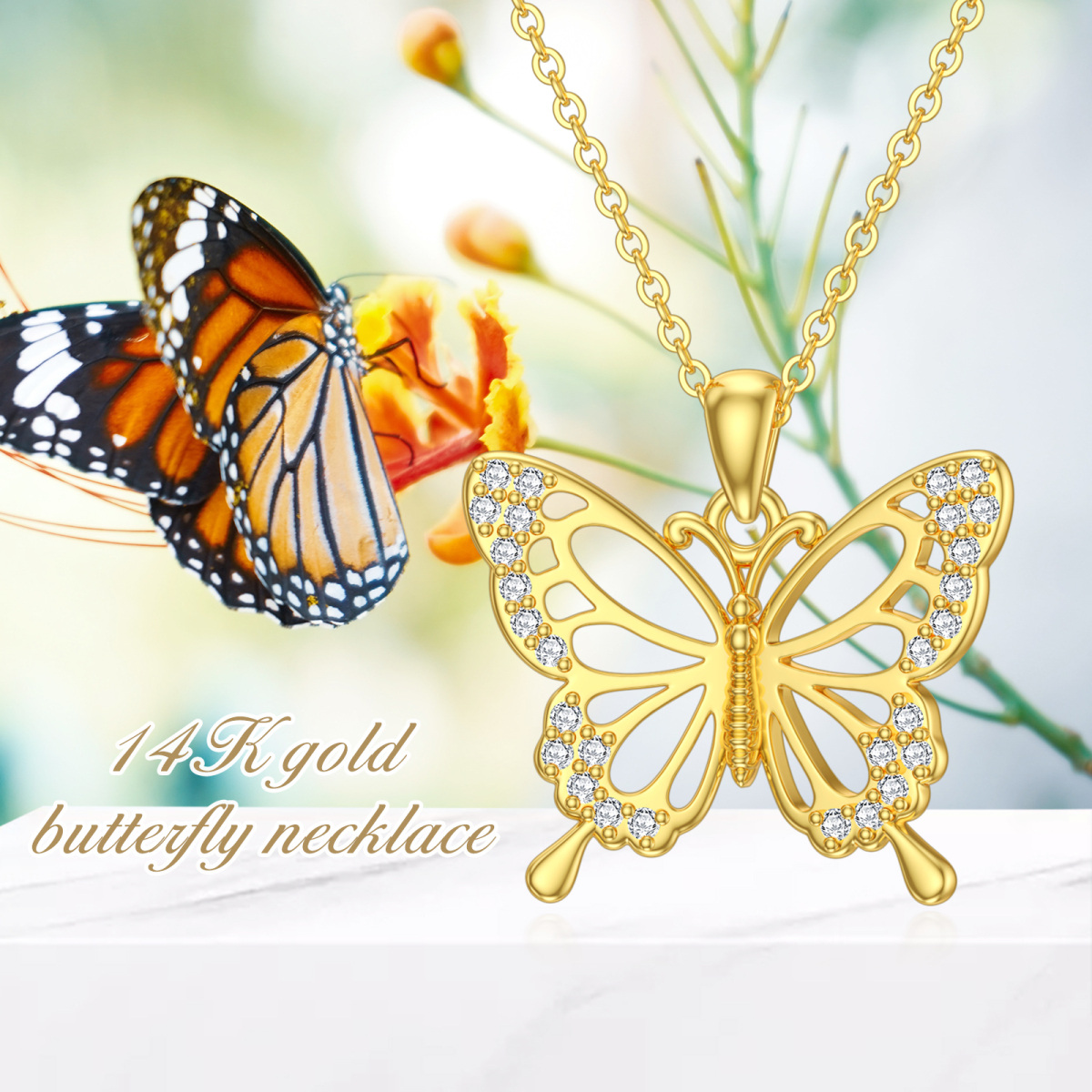 10K Gold Cubic Zirconia Butterfly Pendant Necklace-5