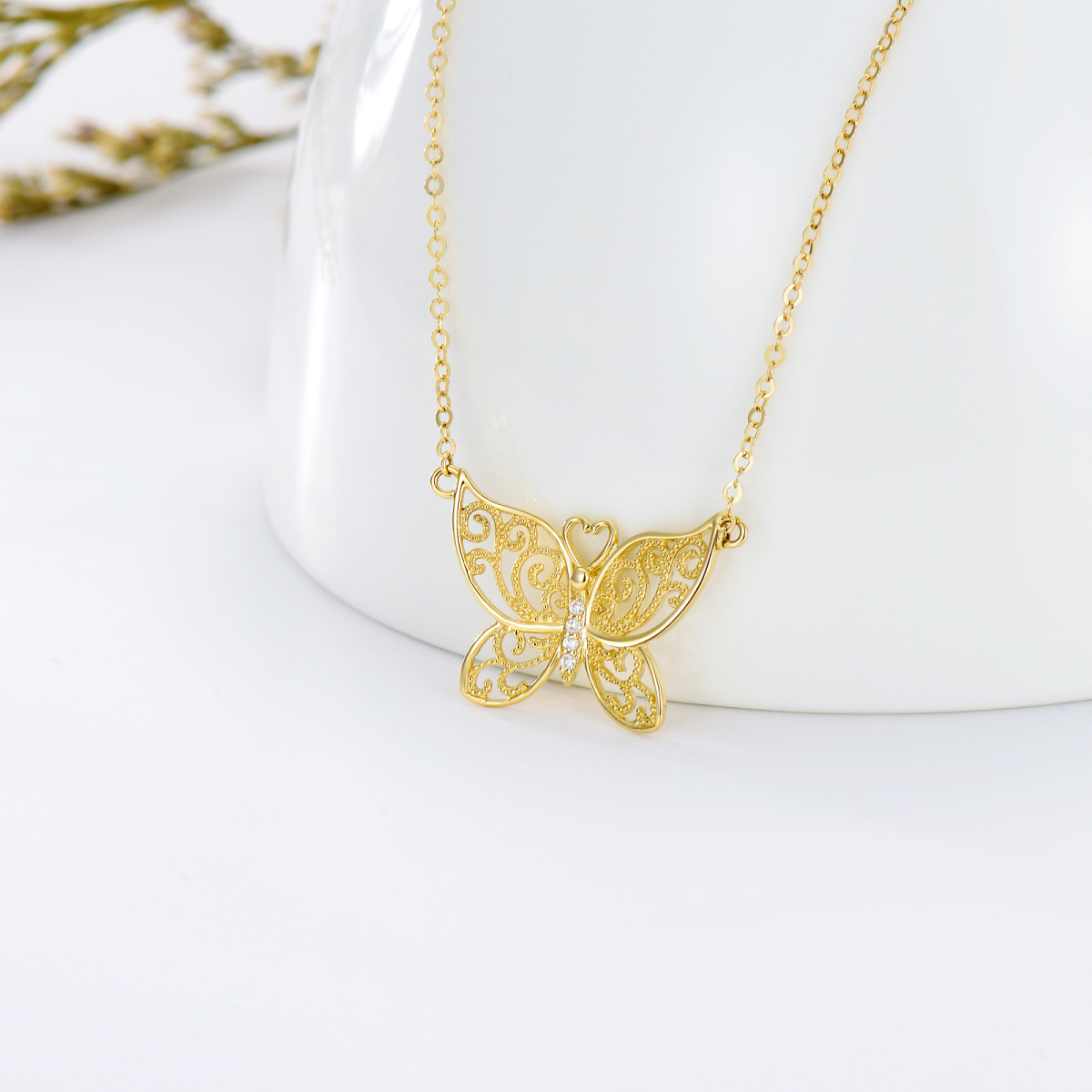 10K Gold Cubic Zirconia Butterfly Pendant Necklace-3