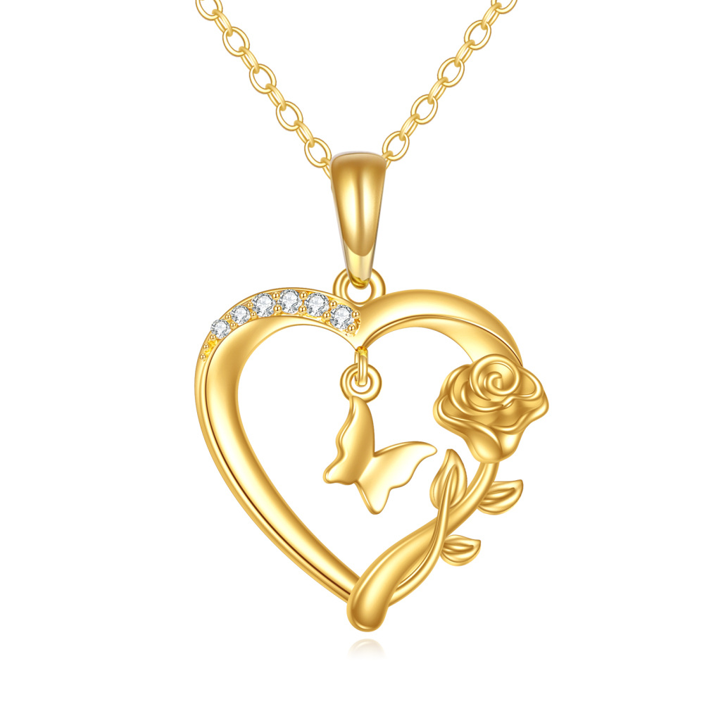 10K Gold Cubic Zirconia Butterfly & Rose & Heart Pendant Necklace-1