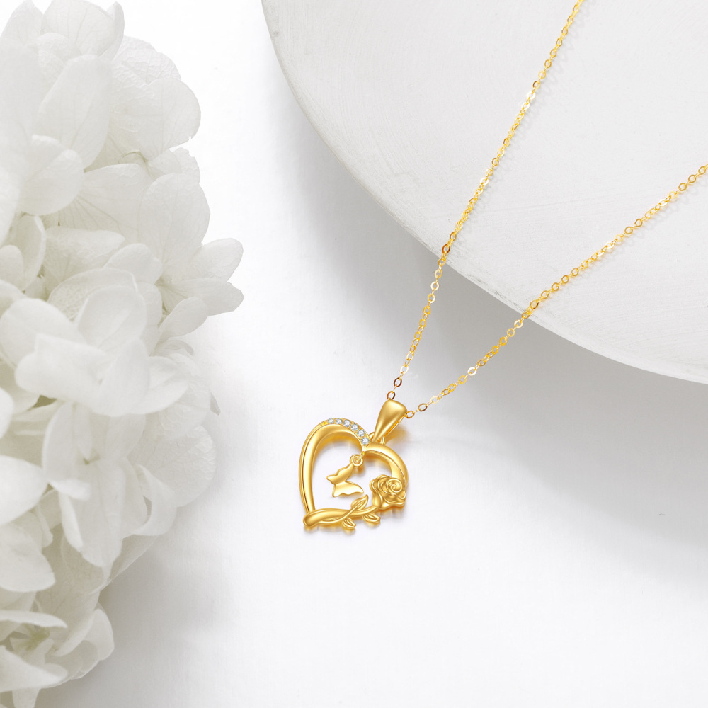 10K Gold Cubic Zirconia Butterfly & Rose & Heart Pendant Necklace-3
