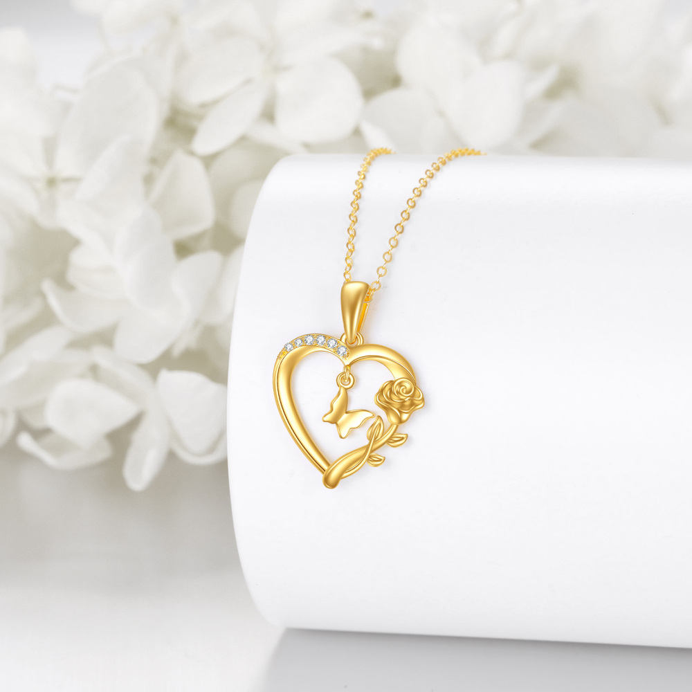 10K Gold Cubic Zirconia Butterfly & Rose & Heart Pendant Necklace-4