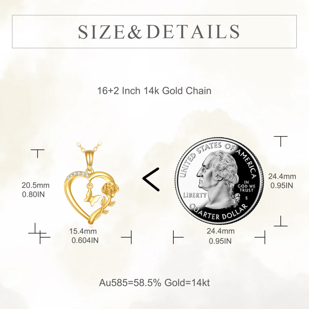 10K Gold Cubic Zirconia Butterfly & Rose & Heart Pendant Necklace-5