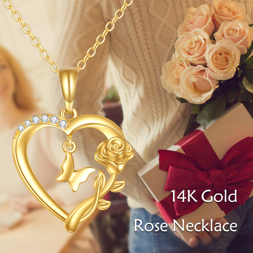 10K Gold Cubic Zirconia Butterfly & Rose & Heart Pendant Necklace-6