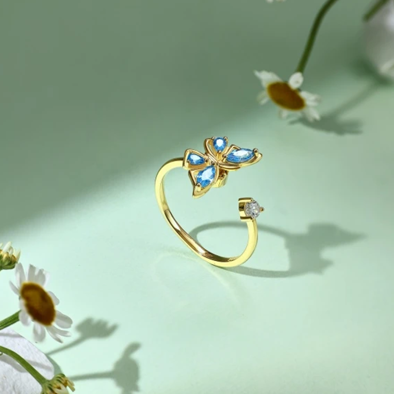 Sterling Silver with Yellow Gold Plated Cubic Zirconia Butterfly Spinner Ring-4