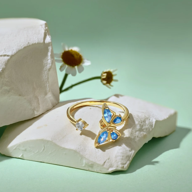 Sterling Silver with Yellow Gold Plated Cubic Zirconia Butterfly Spinner Ring-5