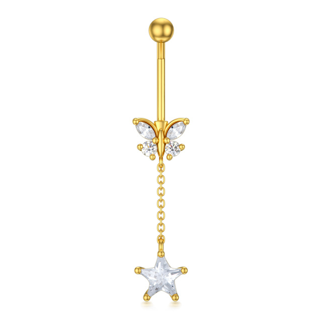 14K Gold Cubic Zirconia Butterfly & Star Belly Button Ring-2