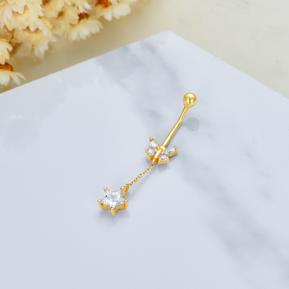 10K Gold Cubic Zirconia Butterfly & Star Belly Button Ring-4