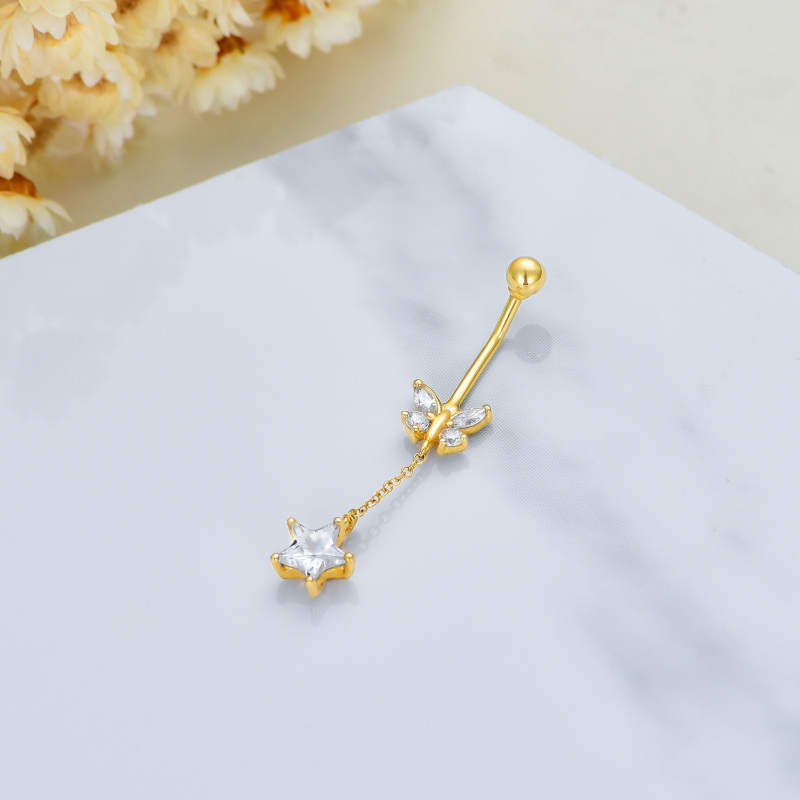 14K Gold Cubic Zirconia Butterfly & Star Belly Button Ring-4