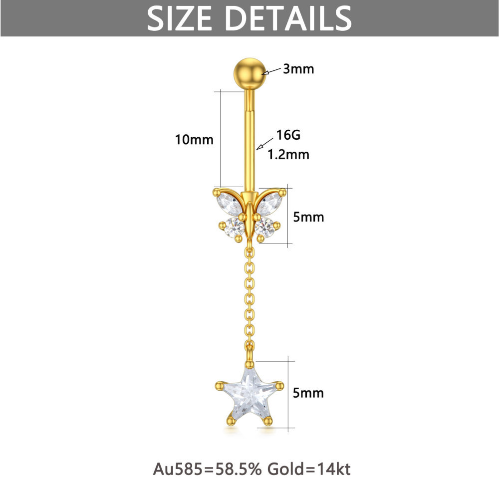 10K Gold Cubic Zirconia Butterfly & Star Belly Button Ring-5