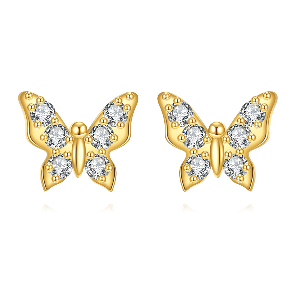 Pendientes de mariposa con circonita cúbica en oro de 14 quilates-1