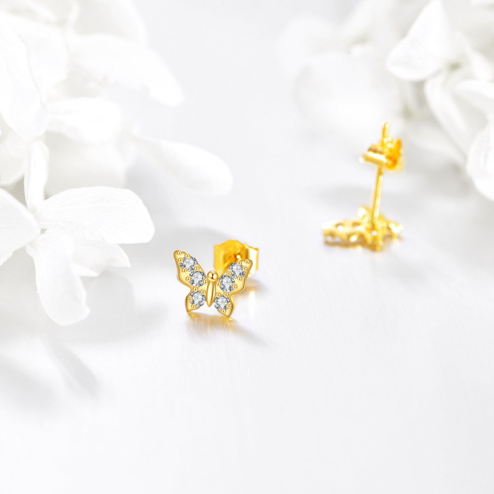 Pendientes de mariposa con circonita cúbica en oro de 14 quilates-3