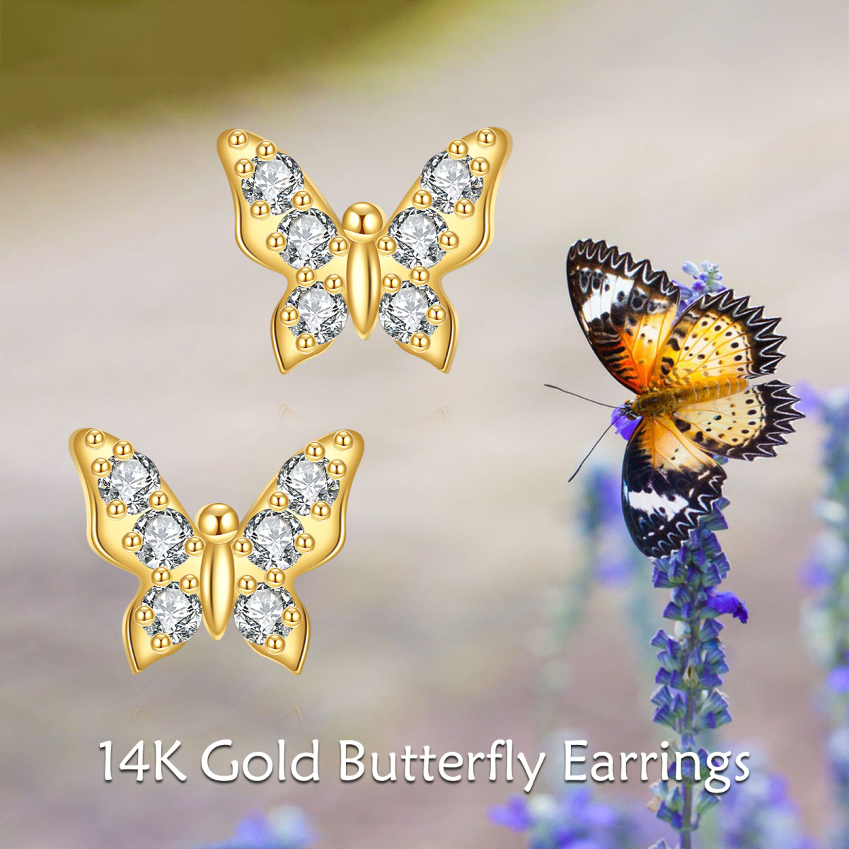 10K Gold Cubic Zirconia Butterfly Stud Earrings-6