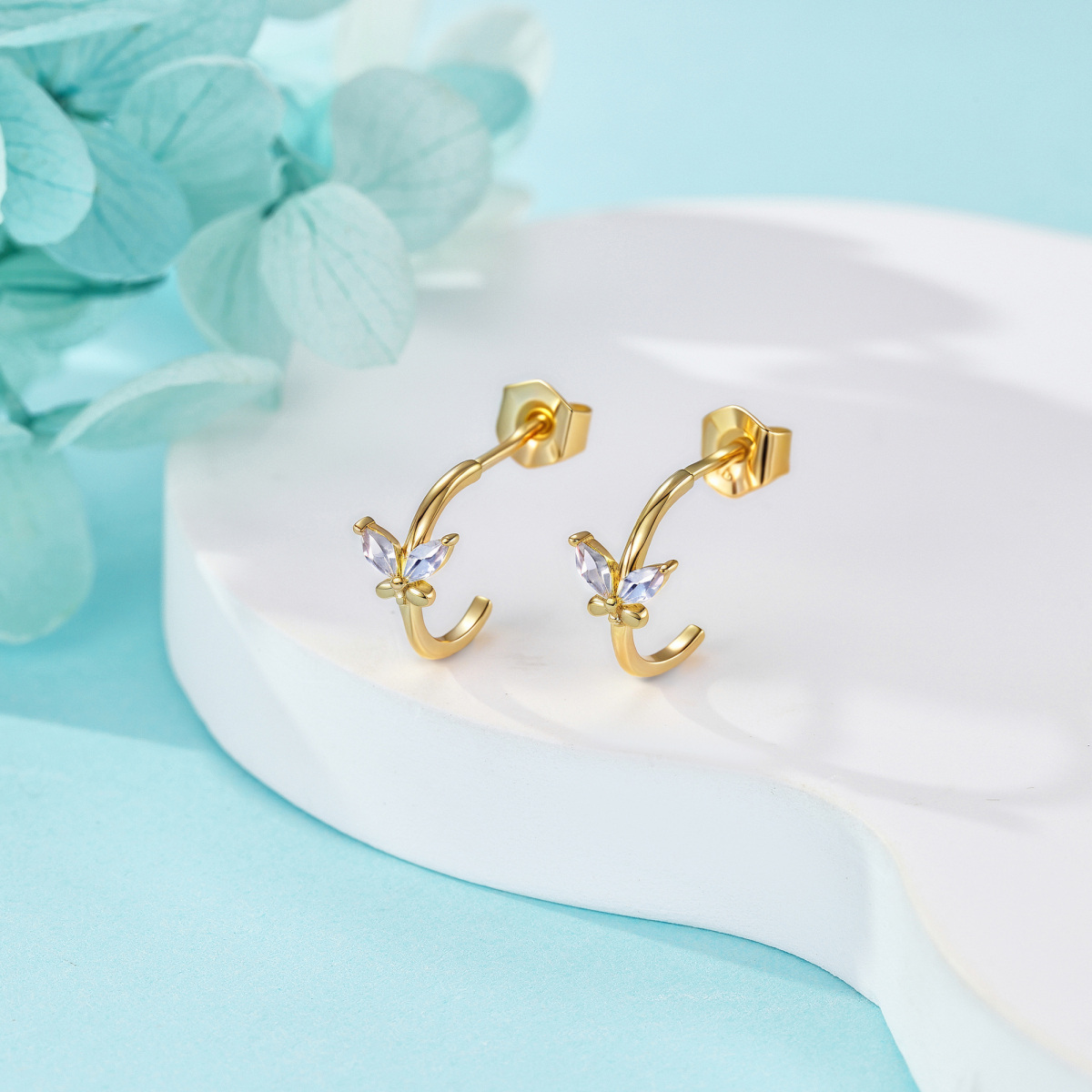 14K Gold Cubic Zirconia Butterfly Stud Earrings-3
