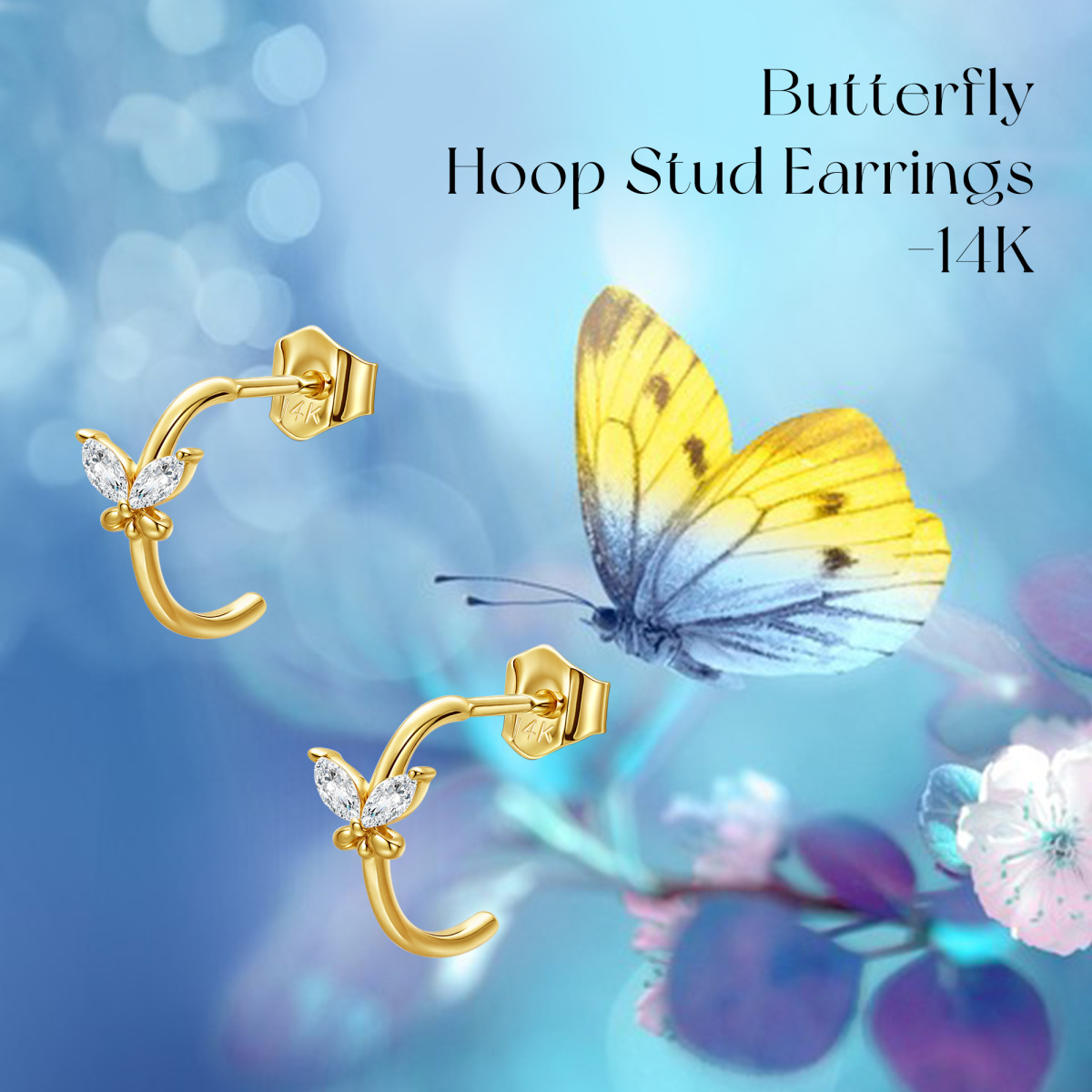 14K Gold Cubic Zirconia Butterfly Stud Earrings-6