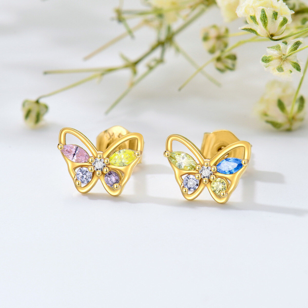 14K Gold Cubic Zirconia Butterfly Stud Earrings-3