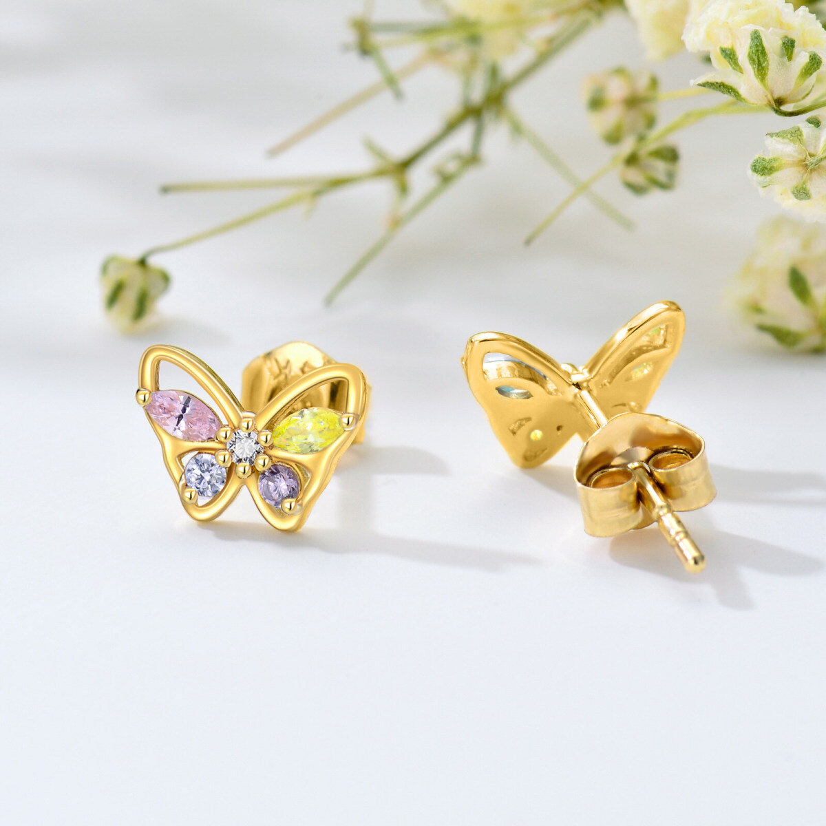 10K Gold Cubic Zirconia Butterfly Stud Earrings-4