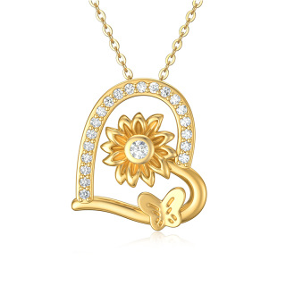 10K Gold Heart Butterfly & Sunflower Pendant Necklace With 5A Austrian Crystal-54