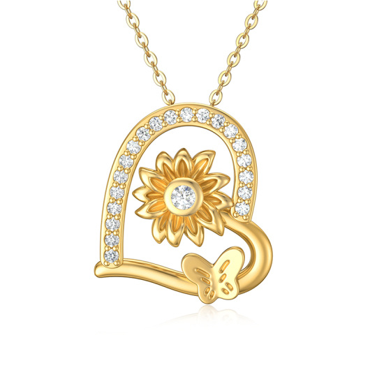 14K Gold Heart Butterfly & Sunflower Pendant Necklace With 5A Austrian Crystal