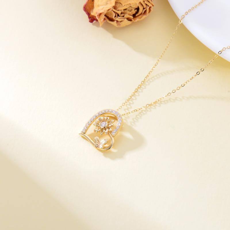 Colar com pingente de borboleta e girassol em ouro 10K com cristal austríaco 5A-3