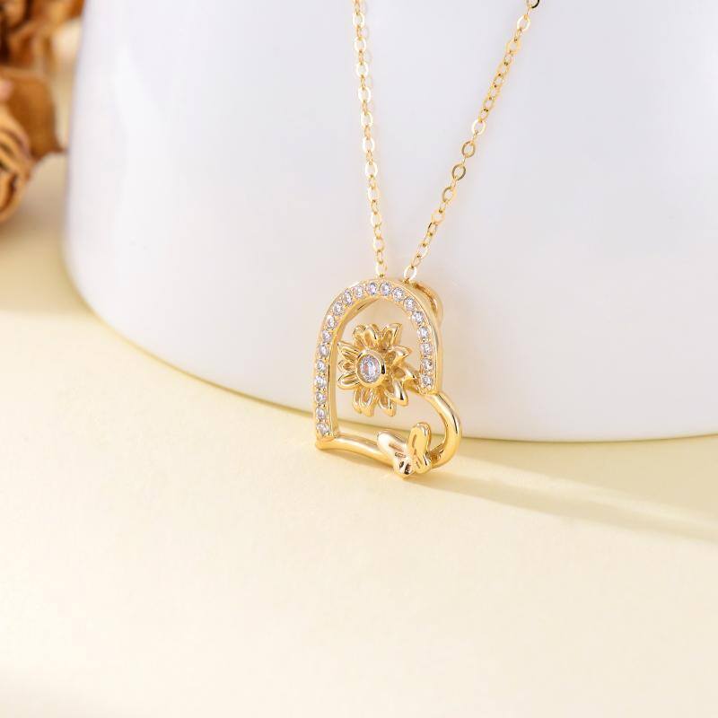 Colar com pingente de borboleta e girassol em ouro 10K com cristal austríaco 5A-4