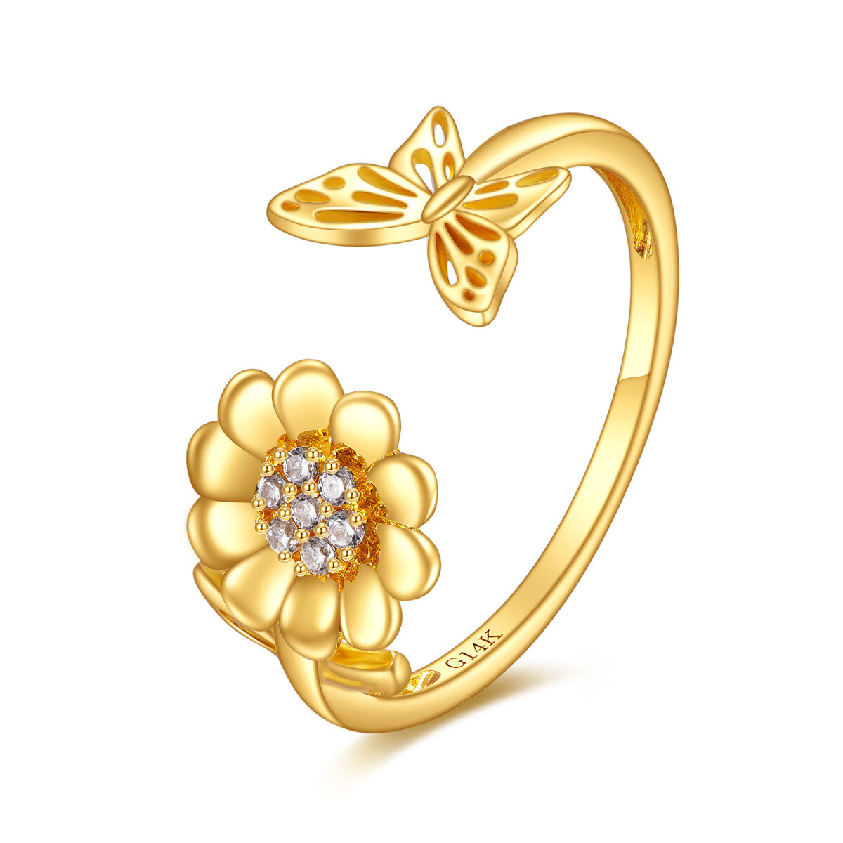 Anello aperto con farfalla e girasole con zirconia cubica in oro 14K-1