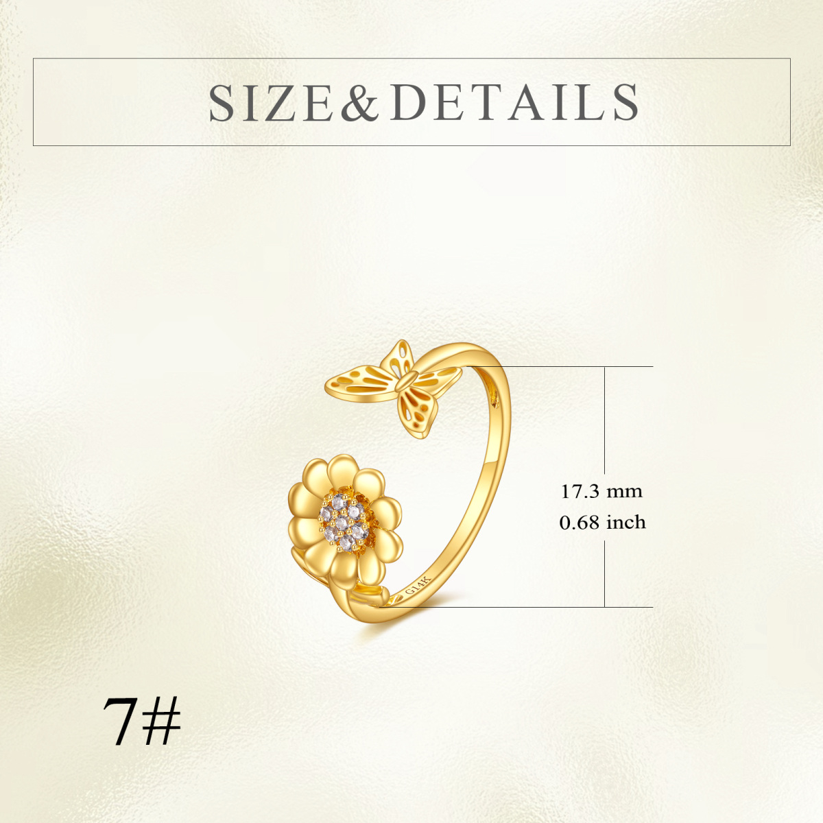 Anello aperto con farfalla e girasole con zirconia cubica in oro 14K-3