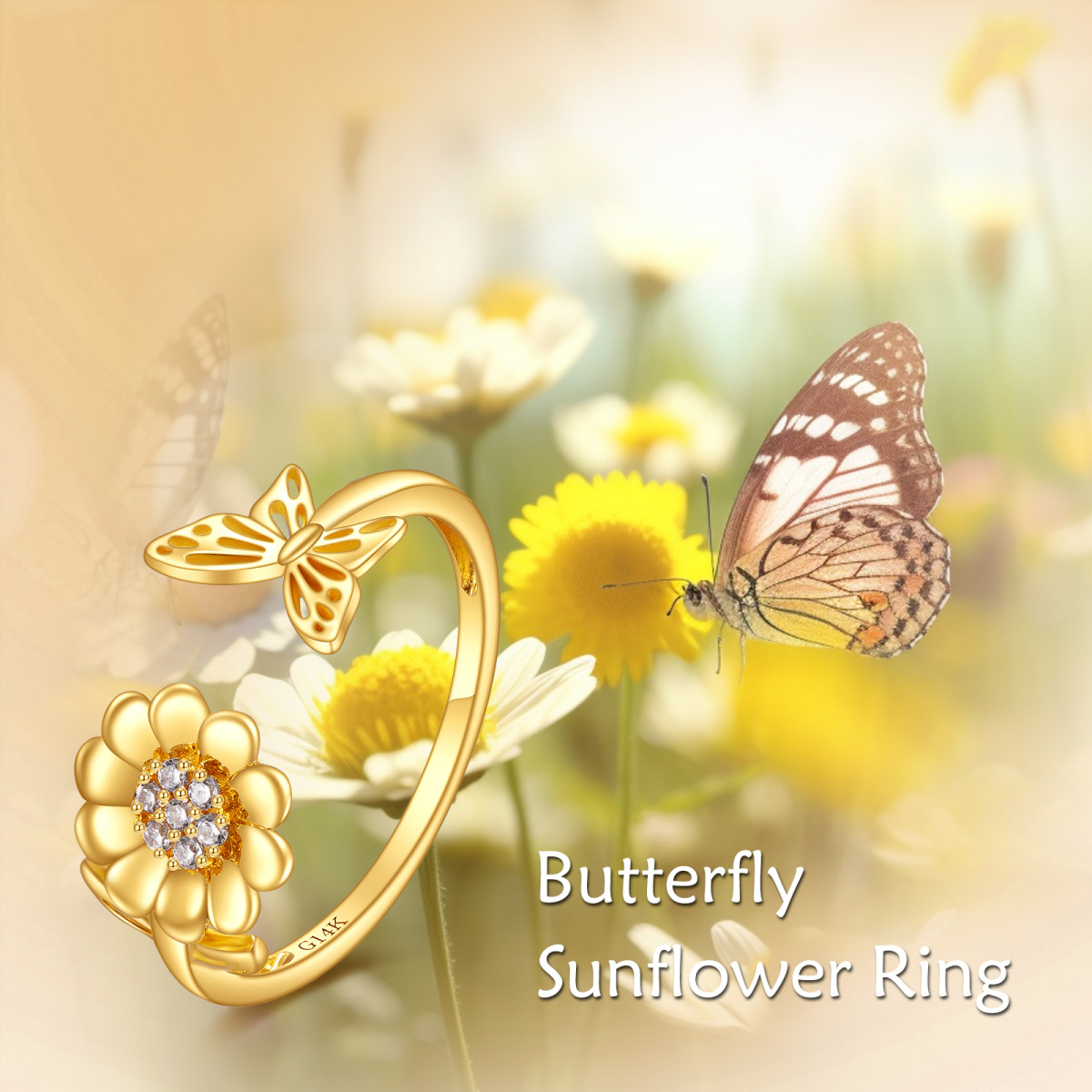 Anello aperto con farfalla e girasole con zirconia cubica in oro 14K-4