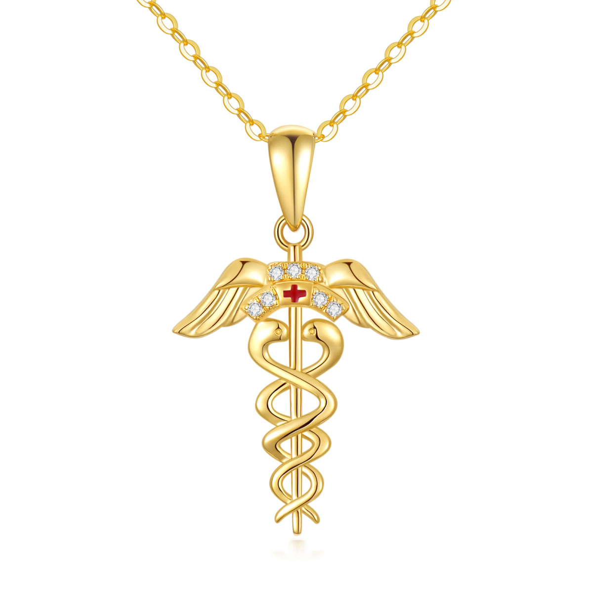 18K Gold Cubic Zirkonia Caduceus Anhänger Halskette-1