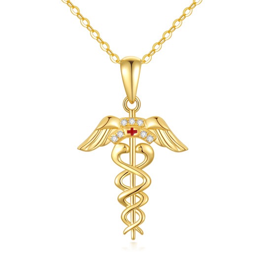 Colar com pendente Caduceu em Zircónio Cúbico em Ouro de 14K