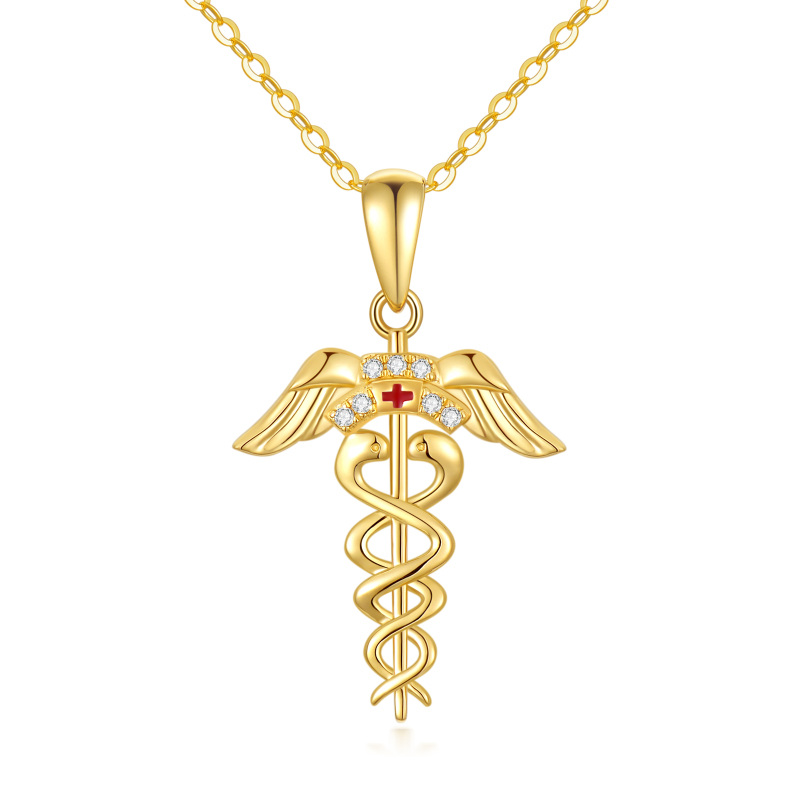 14K Gold Cubic Zirconia Caduceus Pendant Necklace