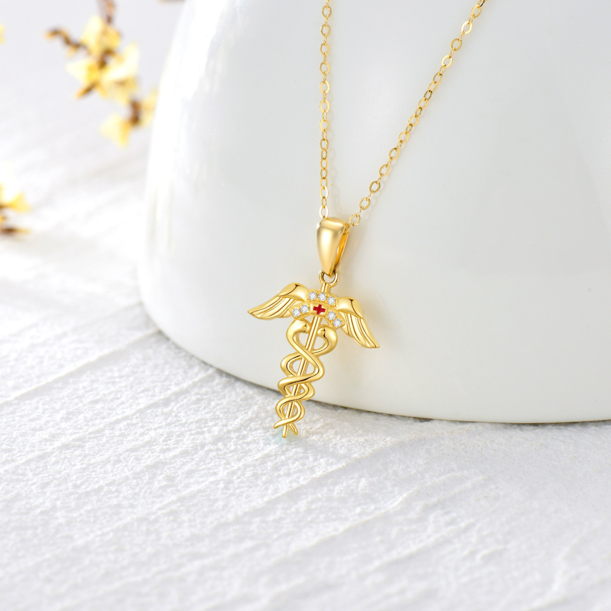 10K Gold Cubic Zirconia Caduceus Pendant Necklace-3