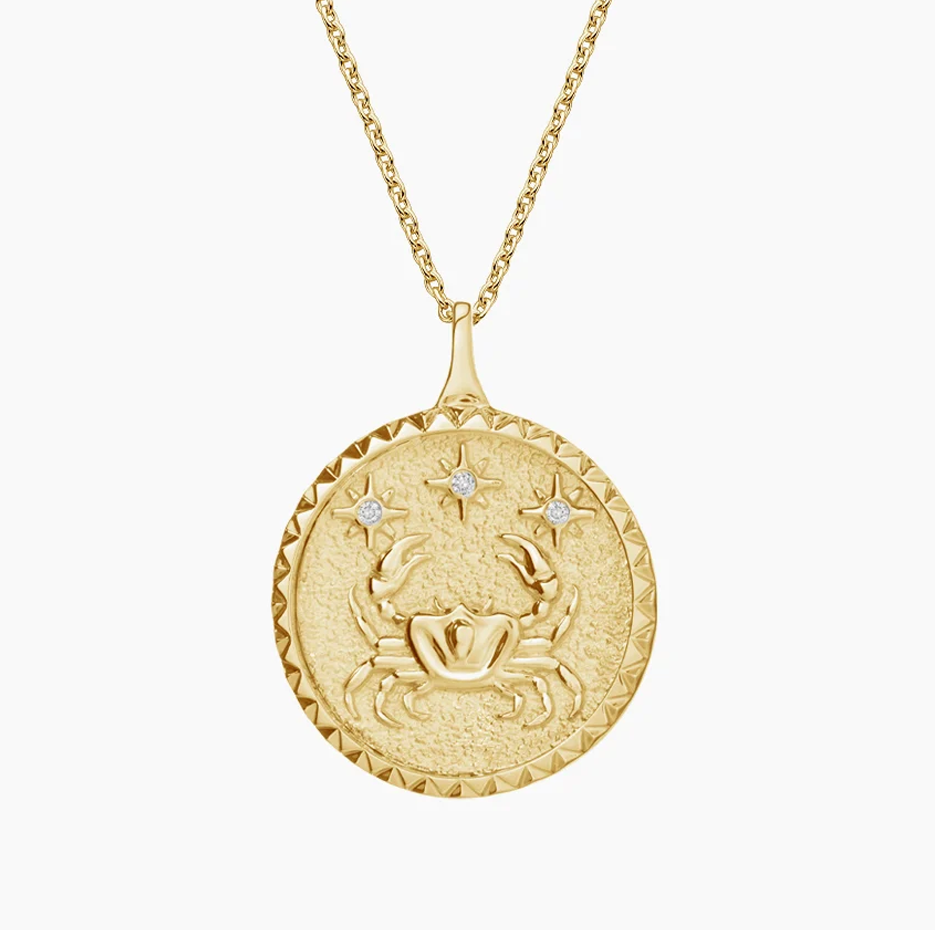 14K Gold Cancer Zodiac Sign Diamond Medallion Pendant Necklace-1
