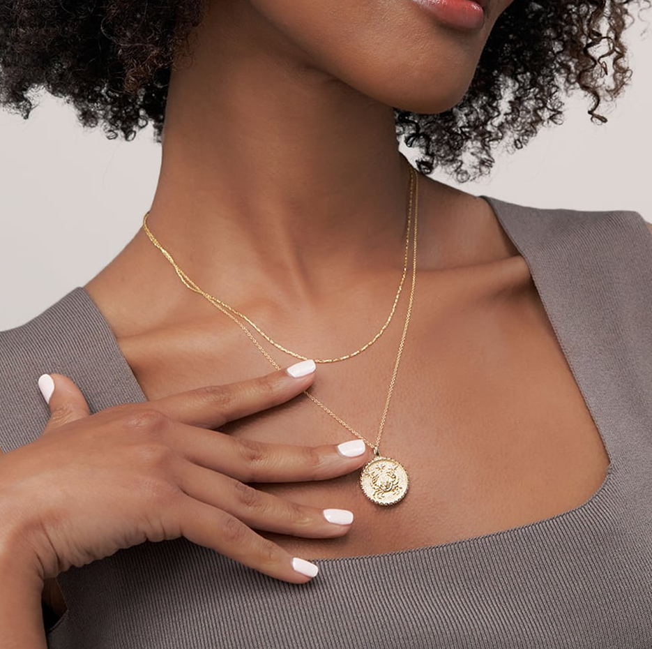 14K Gold Cancer Zodiac Sign Diamond Medallion Pendant Necklace-2