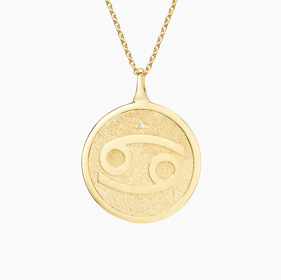 14K Gold Cancer Zodiac Sign Diamond Medallion Pendant Necklace-3